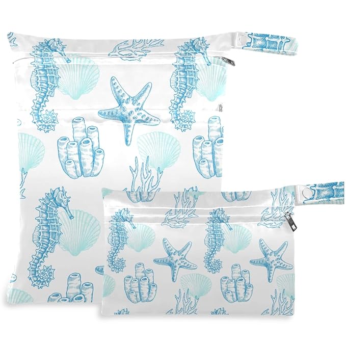 visesunny Blue Starfish Seahorse Seahouse 2Pcs Wet Bag with Zippered Pockets Washable Reusable Roomy for Travel,Beach,Pool,Daycare,Stroller,Diapers,Dirty Gym Clothes, Wet Swimsuits, Toiletries