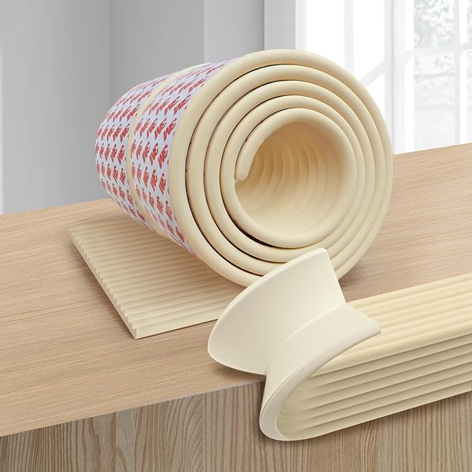 W Wide Edge Protector Strip Extra Thick Baby Proofing Bumper Guard with Strong Adhesive Child Safety for Table Desk Bed Cabinet Furniture in Home and Nursery (Beige White)