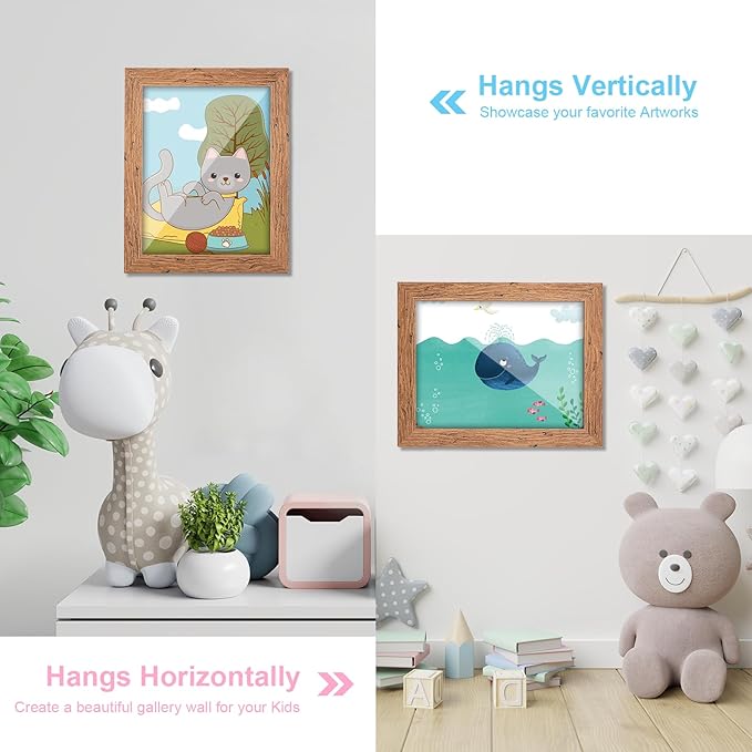 [2-Pack] Kids Art Frames, 8.5x11 Front Opening Kids Artwork Frames Changeable, Dark Woodgrain Artwork Display Storage Frame for Wall, Holds 50 Pcs, for 3D Picture, Crafts, Children Drawing, Hanging