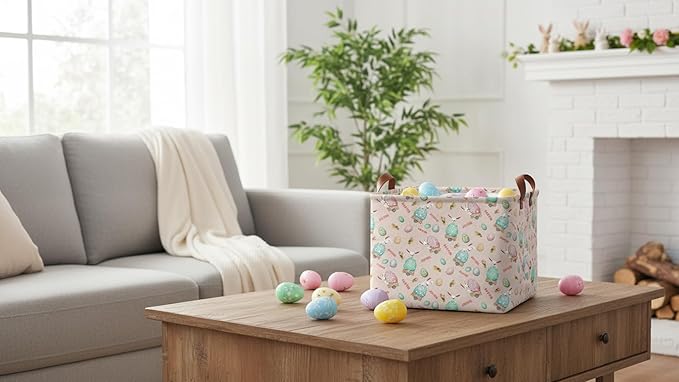 HKEC Rectangle Pink Rabbit Easter Basket with Handles,Collapsible Kids Toys Bin,Cute Baby Storage Basket,Books Box,Gift Basket(Pink Rabbit Easter Basket)