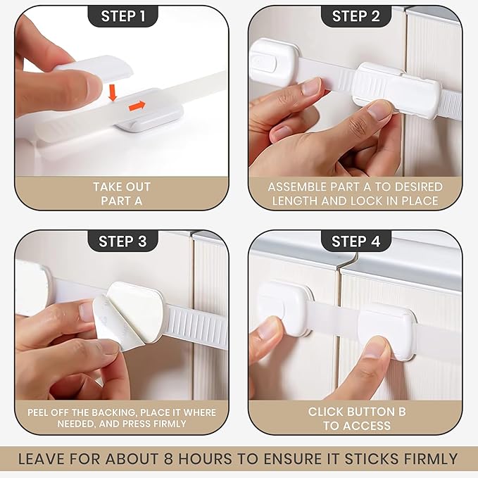 8 Pack Child Proof Cabinet Locks - No Screws & Magnets Needed - Cabinet Locks Baby Proofing With Strong 3M Adhesive Latches For Drawers, Furniture, Ovens, Toilet Seats, Trash Cans, Microwaves (White)