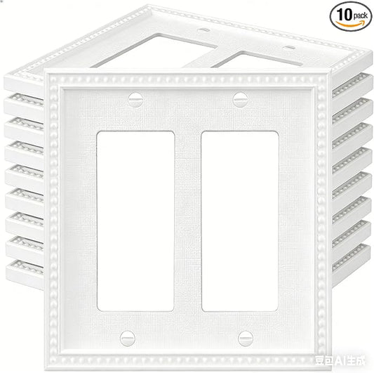 10 Pack Mid-Size Decorator Wall Plates 2-Gang Switch Outlet Electrical Cover Plate Unbreakable Thermoplastic Faceplate for Light Receptacle Outlet Switch, Classic Beaded Relief Design, White