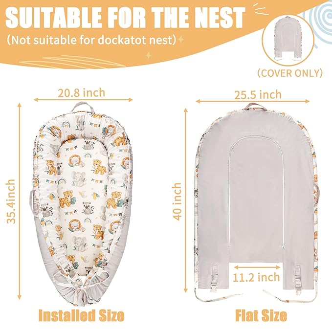 Jundetye Baby Lounger Cover for Boys Girls, Reversible Baby Nest Cover, Adjustable Baby Lounger Replaceable Cover for Infant Newborn, Portable and Machine Washable, Cotton Gray Elephant Cover Only