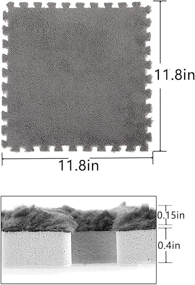 12pcs Plush Puzzle Foam Floor Mat, Cute Soft Fluffy Interlocking Square Foam Tiles Area Rugs Carpet for Parlor Bedroom Decor(11.8x11.8x0.4in, Grey&White&Pink)