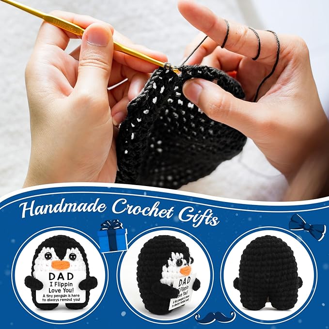 CryCarrot Fathers Day Dad Gifts from Daughter Son Birthday, Handmade Crochet Penguin Dad Birthday Gifts, Mini Funny I Love You Gift for Dads Bonus Step Father Mens Father's Day Christmas Cute Decor