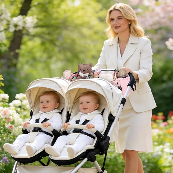 Double Stroller Organizer for Bob Duallie and Baby Jogger City Mini GT2, Double Stroller Caddy Organizers with Cup Holder and 2 Cooler Pockets Parent Console Double Stroller Accessories