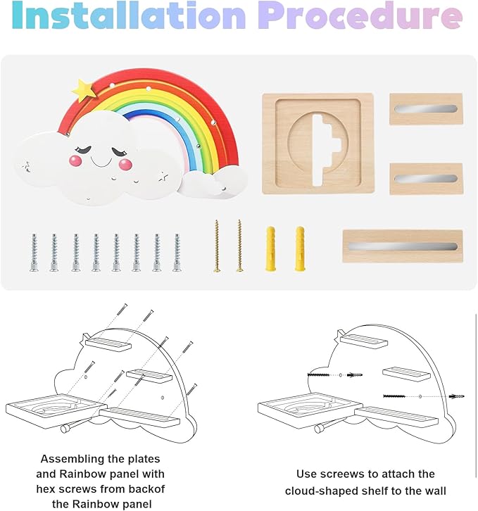 Wall Shelf (Rainbow) for Toniebox, Headphones,Charging Station and 18-24 Tonie Figures, Magnetic Wooden Floating Shelf Compatible with Toniebox MP3 Audio Player & Character, Storage Rack for Kids