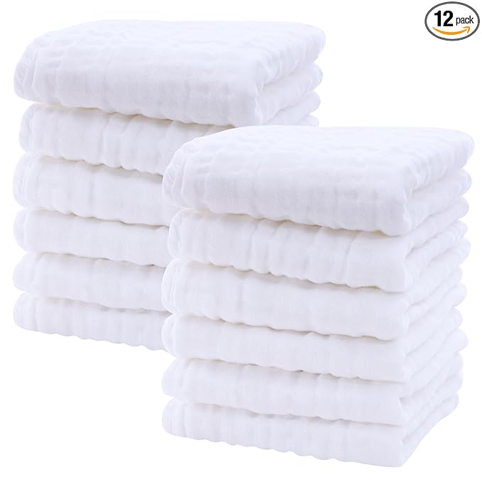 SWEET DOLPHIN 12 Pack Baby Muslin Washcloths - Soft Face Cloths for Newborn, Absorbent Bath Wash Cloths, Wipes, Burp Rag - Toddlers Essentials Stuff, Baby Registry as Shower -10"x10", White
