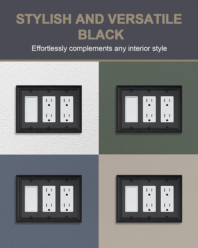 1-Pack Black Triple Decorator Outlet Covers, 3 Gang Wall Plates for Receptacle, GFCI Outlet, Dimmer Switch, Durable Metal, 6.77''*4.88'', Midsize