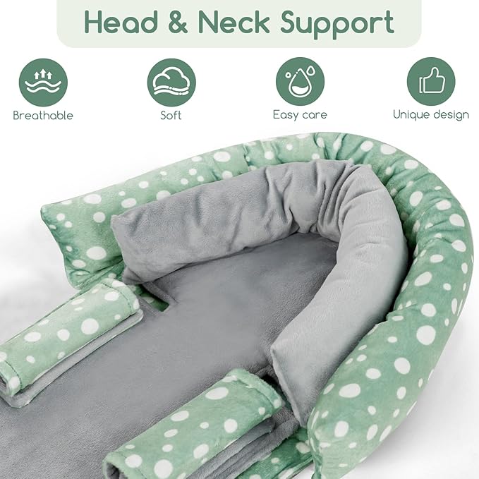 GFU Baby Car Seat Head Support for Newborn, 2 in 1 Infant Car Seat Head Body Support with Strap Pads, Soft Stroller Cushion Pillow Insert for Girls and Boys, Fits for Stroller, Swing, Green