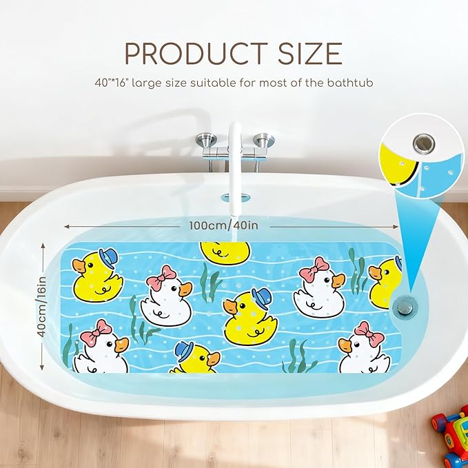 Omedecal Baby Bath Mat for Tub, Non Slip Kids Bath Shower Mat, 40 X 16 Inch Large Bathtub Mat with Drain Holes and Suction Cups for Toddlers, Machine Washable and Waterproof (Duck)