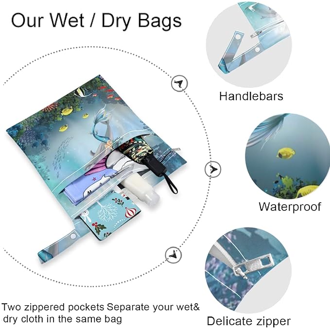 visesunny Mermaid Dolphin Animal 2Pcs Wet Bag with Zippered Pockets Washable Reusable Roomy for Travel,Beach,Pool,Daycare,Stroller,Diapers,Dirty Gym Clothes, Wet Swimsuits, Toiletries