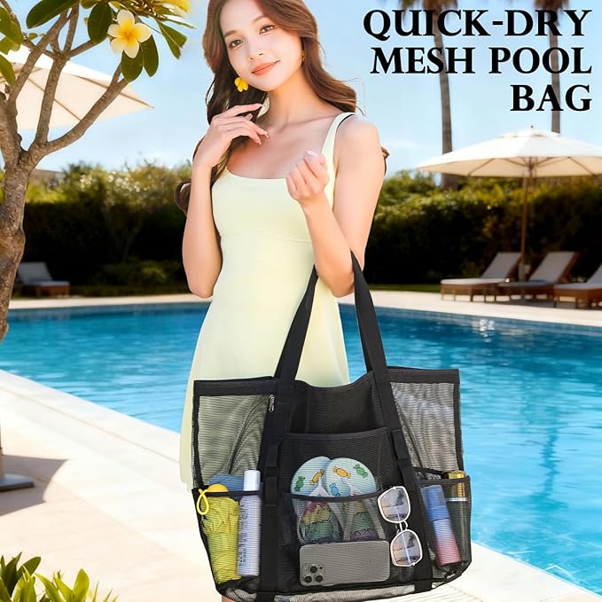 Mesh Beach Bag, Large Beach Tote with Zipper Pocket for Family Pool Bag for Toys & Vacation Essentials