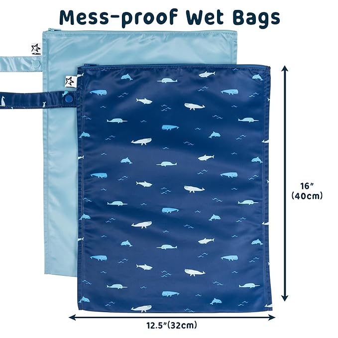 Tiny Twinkle Mess Proof Wet Bags | 2-Pack Reusable Waterproof Wet Bags for Swimsuits | Baby Clothes | Travel & Diaper Bag (Ocean)