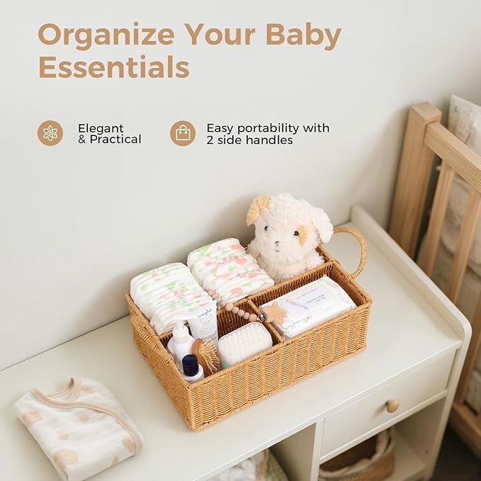 Diaper Caddy Organizer, Hand Rattan Nursery Baby Basket Changing Table Organizer for Baby Essentials, Baby Shower Gifts, Versatile Shelf Basket Bathroom/Kitchen Organizer (PE Rattan, L)