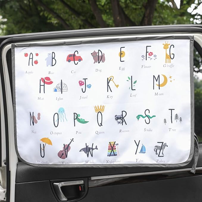 BEBEDECO Magnetic Car Sun Shade Curtain for Side Window – Sun Blocker and UV Protector for Baby, Kids, and Pets – Universal Fit with Built-in Magnets for Steel-Framed Door (Be-Kids Alphabet)