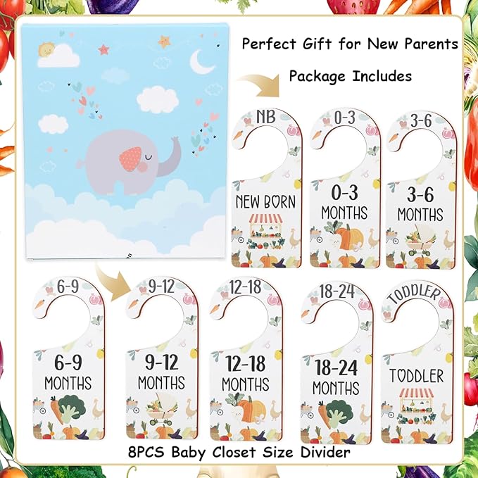 Baby Closet Dividers 8PCS, Locally Grown/Farmer's Market Themed Wooden Double-Sided Clothes Size Hanger Organizer from Newborn to Toddler for Nursery Decor Baby Shower Birthday Gift