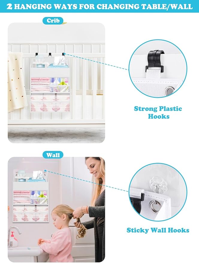 Hanging Diaper Caddy Organizer Crib Organizer–Spacious Baby Girl/Boy Nursery Organizer for Changing Table, Playpen/Wall- Hold 90+ Diaper (White)