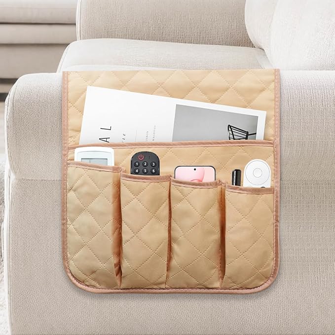 Armchair Caddy Couch Caddy, Remote Control Holder, Non-Slip Sofa Armrest Organizer, Couch Organizer with 5 Pockets, for Cell Phone TV Remote Holder Magazines (LIGHT KHAKI)