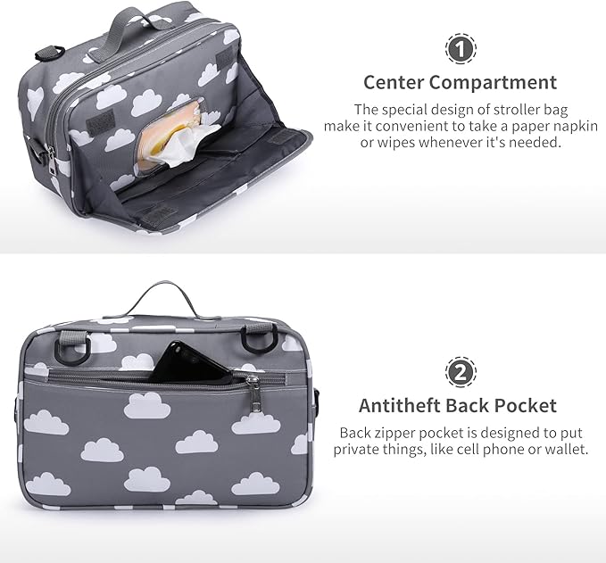 Small Diaper Bag, Stroller Organizer Bags for Baby with Insulated Pocket, Stroller Hooks and Adjustable Strap,Universal Mini Diaper Tote Bags Fit All Strollers, Gray