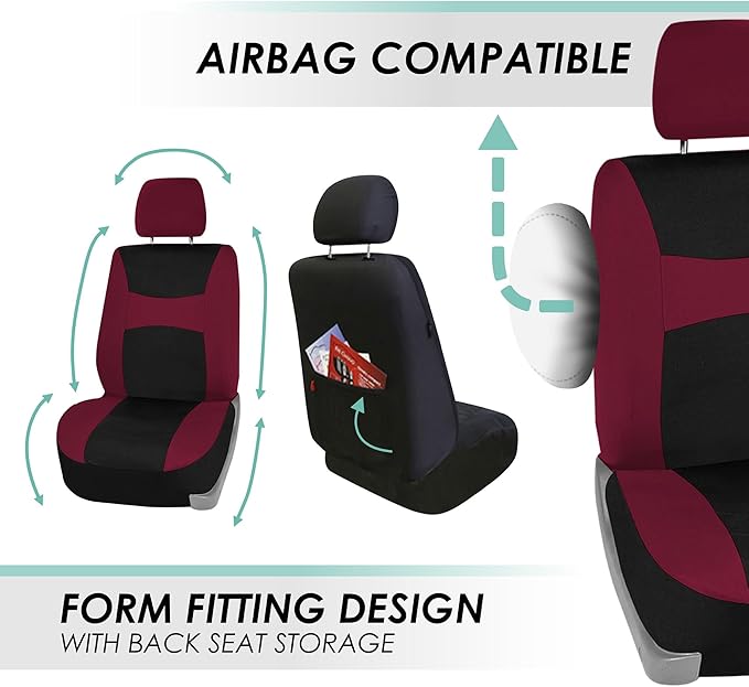FH Group Car Seat Covers Full Set Cloth,Universal Fit combo,Washable Automotive Seat Covers,Low Back Front Seat Covers,Airbag Compatible,Split Bench Rear Seat for SUV,Sedan,Van Burgundy