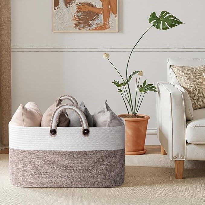 OIAHOMY 75L Large Blanket Basket, 22”x17”x12” Rectangle Woven Baskets For Storage, Nursery Blanket Storage Living Room, Toy Box With Long Handle-Gradient Brown With White