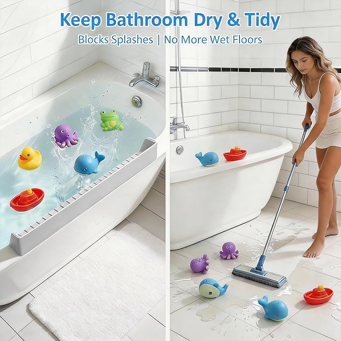 Bathtub Splash Guard for Kids - 31 Inch Silicone Tub Side Shelf with Strong Suction Cups, Toy Tray Holder to Prevent Water Spills, Keep Bathroom Dry (Gray)