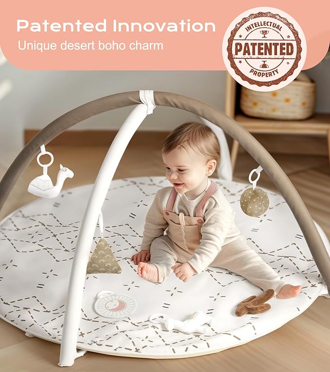 Little Dove Tummy Time Mat with 6 Toys, Macrame Baby Play Mat for Newborn, Baby Gym with 12 Milestone Cards, Stage-Based Sensory and Motor Skill Development Baby Play Gym, Non Slip Mat Washable, Khaki