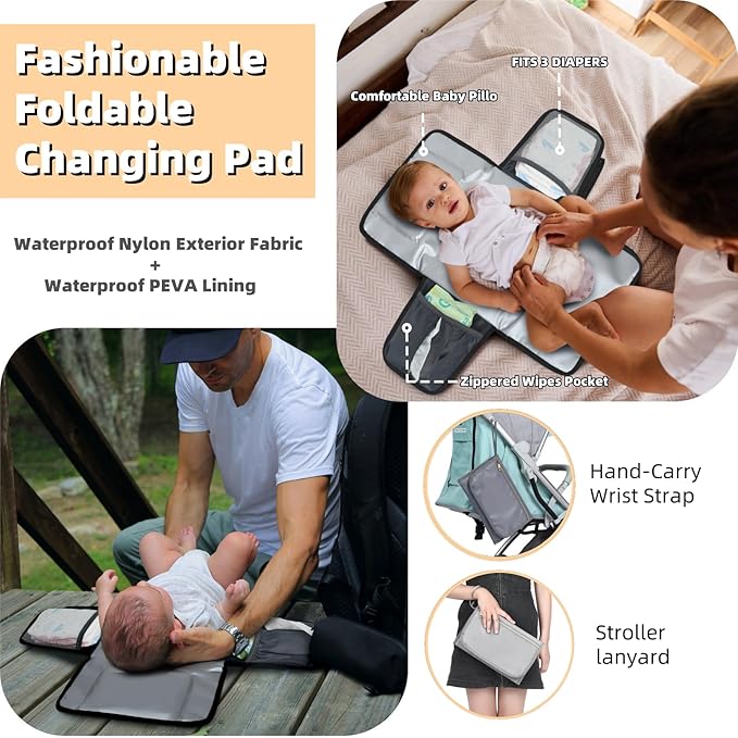 ROSEGIN Baby Diaper Bag Backpack with Changing Pad, Pacifier Case, for Boy Girl Toddler - Large, Stylish, Waterproof Travel Quilted Diaper Bag for Mom - Gray/White