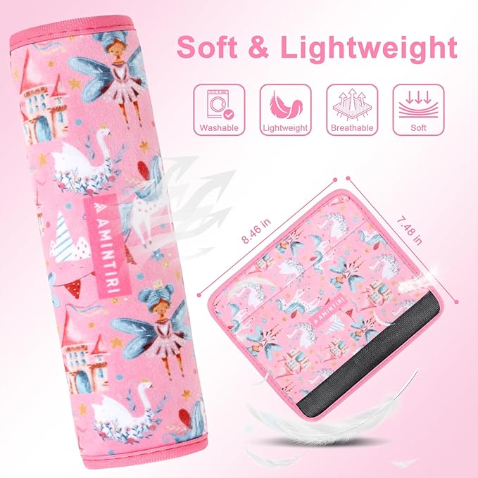 Amintiri Seat Strap Shoulder Pads for Kids, Seat Belt Cover for Children, Soft Furry Seat Belt Cushion for Travel, Cartoon Car Seat Belt Pad Cover for Boys and Girls.