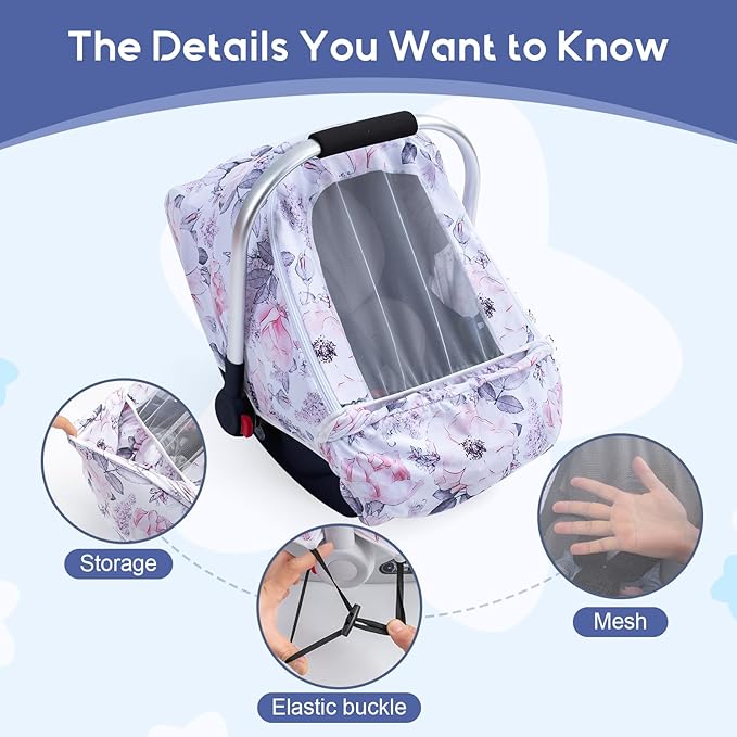 Car Seat Cover Baby, Infant Car Seat Cover with Mesh Window, Stretch Carseat Cover for Girls Boys, Soft Breathable Baby Carrier Cover for Stroller, Summer Carseat Canopy Sunshade Cover