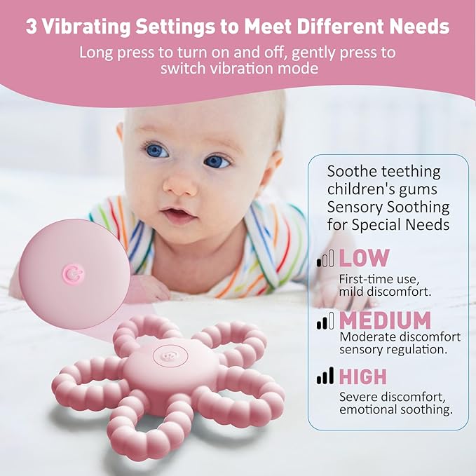 Vibrating Teether for Baby, Silicone Sensory Chew Toys for Autistic Children & Teething Toy for Babies 6-12 8-18 Month, USB Chargeable &3X Vibration Travel Essential Gift for Kid with Autism Toddler
