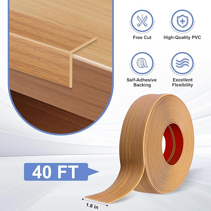 Wall Corner Protector Moulding Trim Peel and Stick Wall Corner Guards Trim Flexible Self Adhesive Edge Protector Moulding, 1.6 in x40 Ft, Light Brown Wood