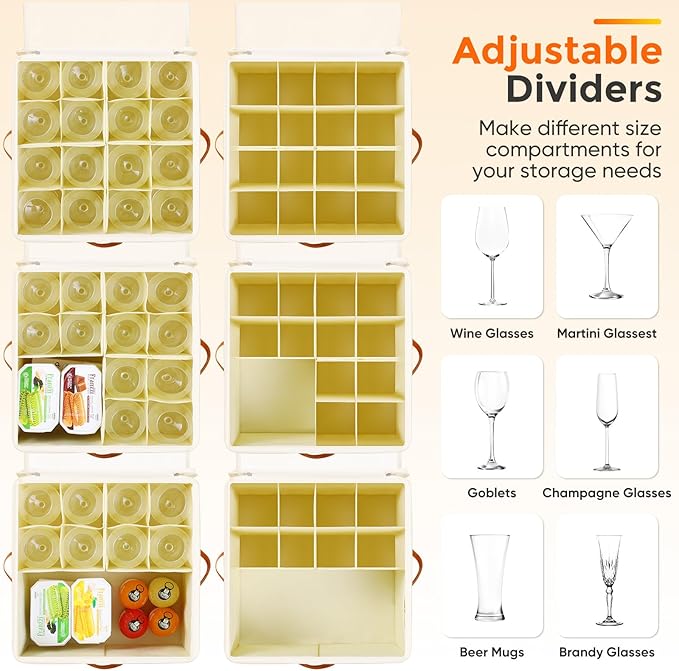 Foyego Wine Glass Storage Box with Dividers, 2 Pack Glassware Storage Containers, Stemware Storage Cases Holds 32 Wine Glasses, Stackable Crystal Storage Containers with Clear Cover for Moving，Beige