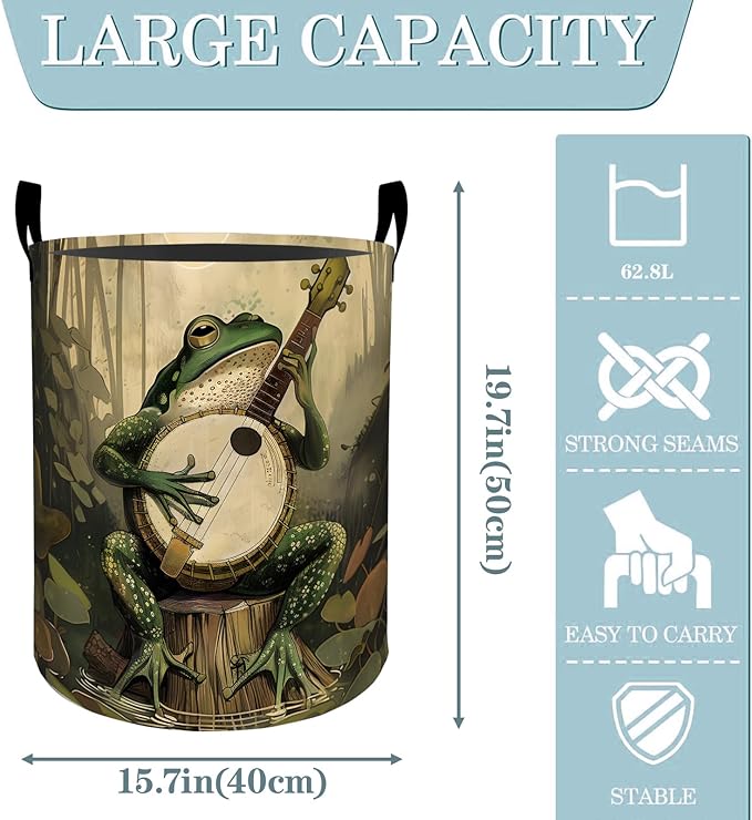 VODRM Fantasy Frog Banjo Swamp Laundry Basket, Dirty Collapsible Clothes Toy Organizer Hamper for Kids Adults, Oxford Cloth Waterproof Storage Bin for Bedroom Bathroom Funny Decor Gifts, 19.7"X15.7"