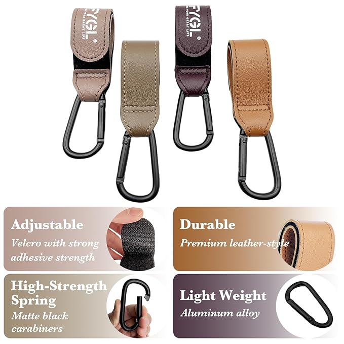 Stroller Hooks - Leather Buggy Clips, Pushchair Carabiner Clip for Bags, Easy Attachment for Pram, Universal Stroller Clips and Hooks, Stroller Accessories - Morandi Dark (4 Pack)