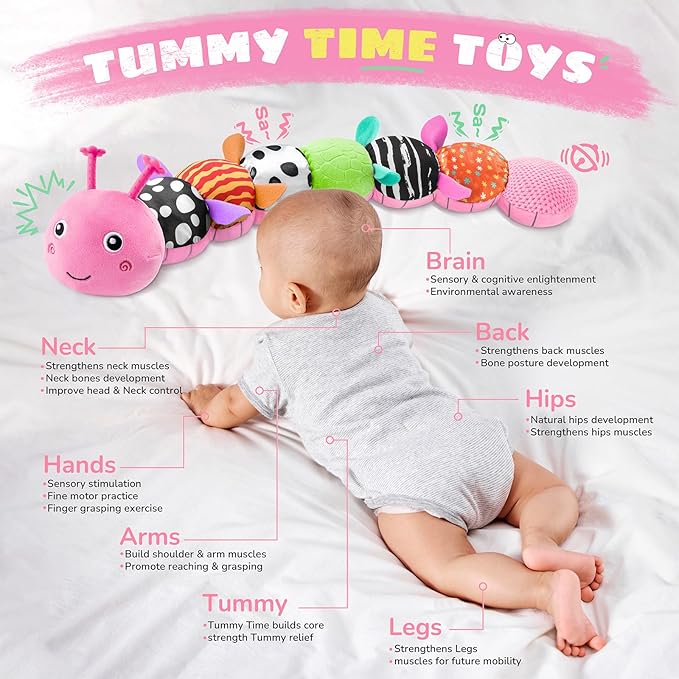 Baby Toys 6-12 Months Music Caterpillar,Stuffed Animals Infant Toys 0-3-6 Months,Baby Sensory Toys Tummy Time with Crinkle Rattle Teething Toys for Newborn Boys Girls Gifts Birthday|Rose Pink