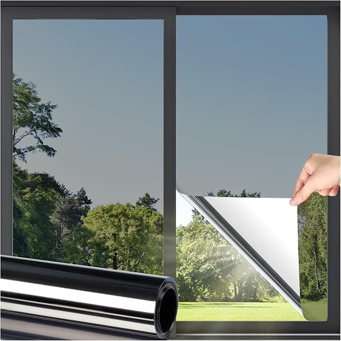 DOWELL Window Privacy Film, One Way Window Tint for Home, Static Cling Anti UV Sun Blocking Reflective Mirror Film, Heat Control See Out Not in Glass Tinting, Black Silver, 35.4" x 118.1"