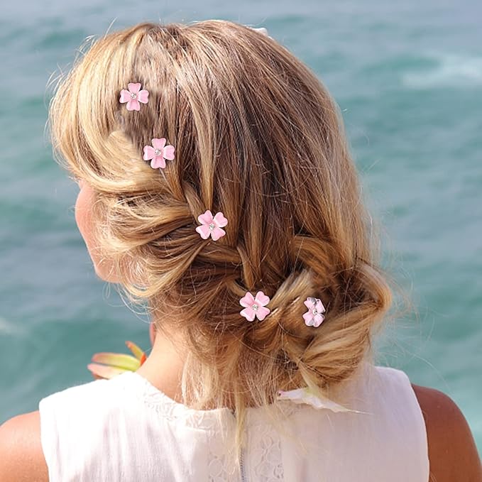 YISSION 20Pcs Mini Pink Flower Hair Clips with Rhinestone Cute Hair Pins Decorative Hair Clips Wedding Hair Barrettes Bridal Hair Accessories for Girls Women