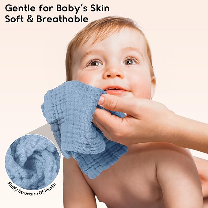 Unnivoll Muslin Burp Cloths Baby 12''X12'', Baby Washcloths 6 Pack, 100% Cotton Baby Wash Cloths Absorbent and Soft for Newborn Infants Kids Boys Girls - Sapphire Blue