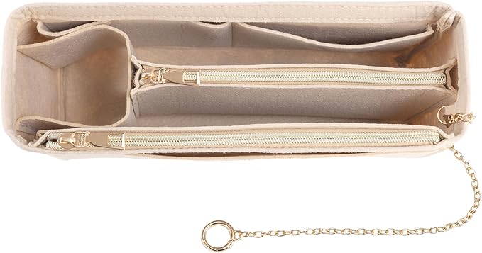 Purse Organizer Insert, Handbag Organizer with Zipper, Tote Shaper with Cup Holder & Keychain, Compatible with LV, Neverfull, MK, COACH, Longchamp, Kate Spade– Beige-Sl. Lg
