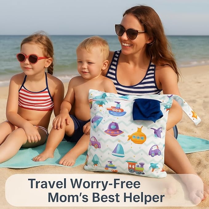 FANALALA Waterproof Wet Dry Bag, Reusable Diaper Pouch with Zipper, Machine Washable Travel Organizer for Beach, Daycare, Kids, Dinosaur Pattern (Purple UFO)