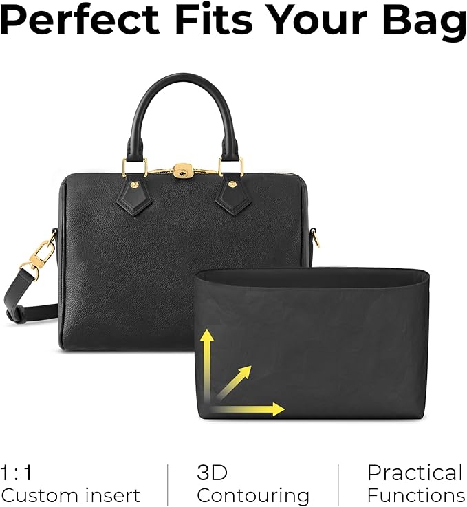 Purse Organizer Insert for LV Speedy 25 Handbag, Custom Fit Inside Premium Matte Black Lightweight WaterResistant Tote Bag Insert with Cup Holder Accessories
