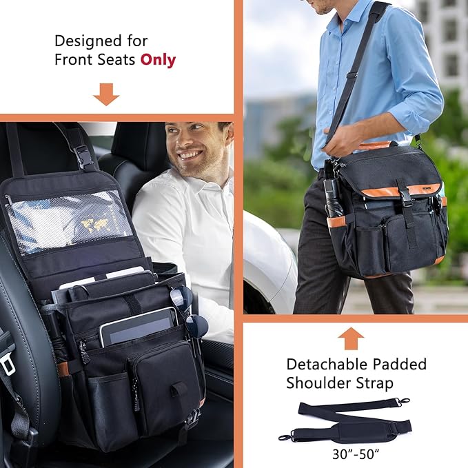 SPORJET Car Seat Organizer with Lid and Laptop Compartment (Fits 15.6"), Front Seat Passenger Organizer with Adjustable Strap, Multiple Pockets, Portable Office Bag, Water-Resistant 1200D Polyester