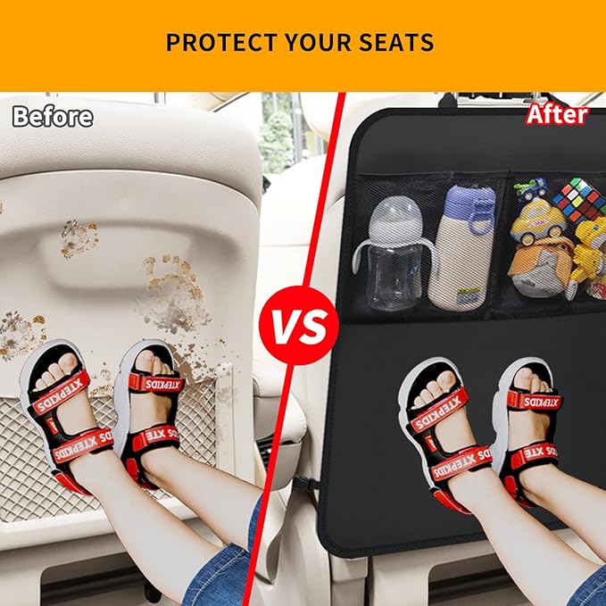 Zecirl 2 Pack Kick Mat Backseat Protector,Back Seat Cover for Kids,Car Seat Back Protectors with 2 Pocket Storage Organizer for Car, SUV, Minivan or Truck Seats (Black)