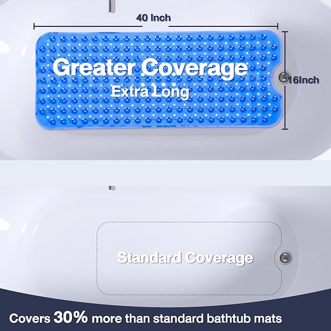 Extra Long Bathtub Mat Non Slip, Clear Navy Blue Soft Bath Mat for Tub 40 x 16 Inch Full Size, Long Shower Mats for Bathroom Floor, Big Suction Cups and Drain Holes, Easy Washable, BPA Free