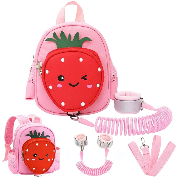 Toddler Backpack with Leash, Accmor 4 in 1 Kids Mini Backpacks with Anti Lost Wrist Link, Cute Child Harness Bag Rein for Outdoor, Strawberry Back Pack Rope Tether for Baby Girls Aged 1-3 Years (Pink)