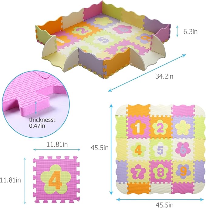 Tamiplay Foam Play Mat for Kids，25Pcs Square Interlocking Puzzle Floor Mat，Baby Play Mat Floor Mat Foam Puzzle Playmat for Toddlers with Fence（Number-CSH011