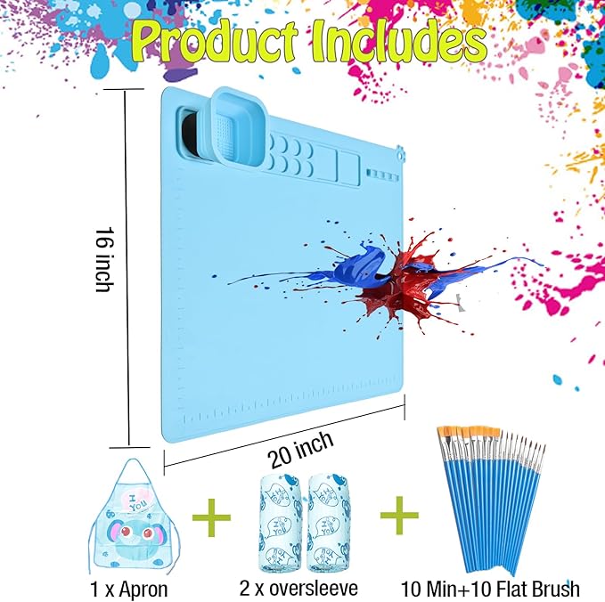 Lymoc Painting Stations,Silicone Art Mat [1x Apron,1 Pair Oversleeve,20 Pieces Brushes] Painting Craft Mats 21"X17" with Detachable Cup for Resin for Kids Gift,Paint, Clay, DIY Projects