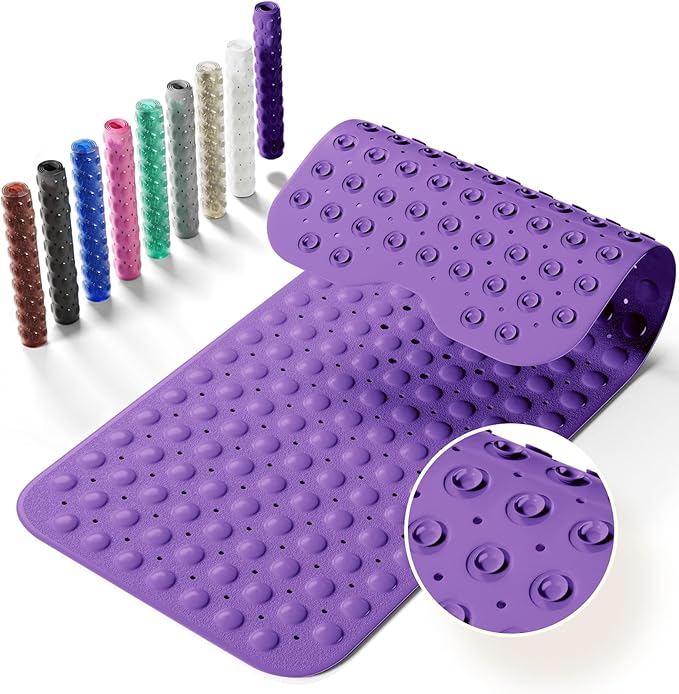 Krussier Non-Slip Bath Tub Mat, 39x16 Inch Extra Large Shower Mat with Drain Holes & Suction Cups, Machine Washable, Purple